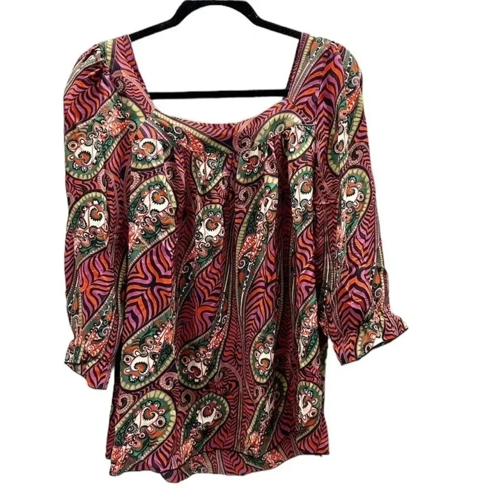 Anna Sui Paisley Y2K Square Neck 100% Silk Peasant Top Blouse Sz Small GUC